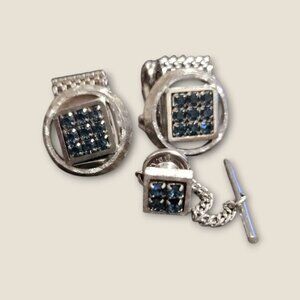Vintage Silver Cuff Links & Tie Tack Set With Blue Rhinestones